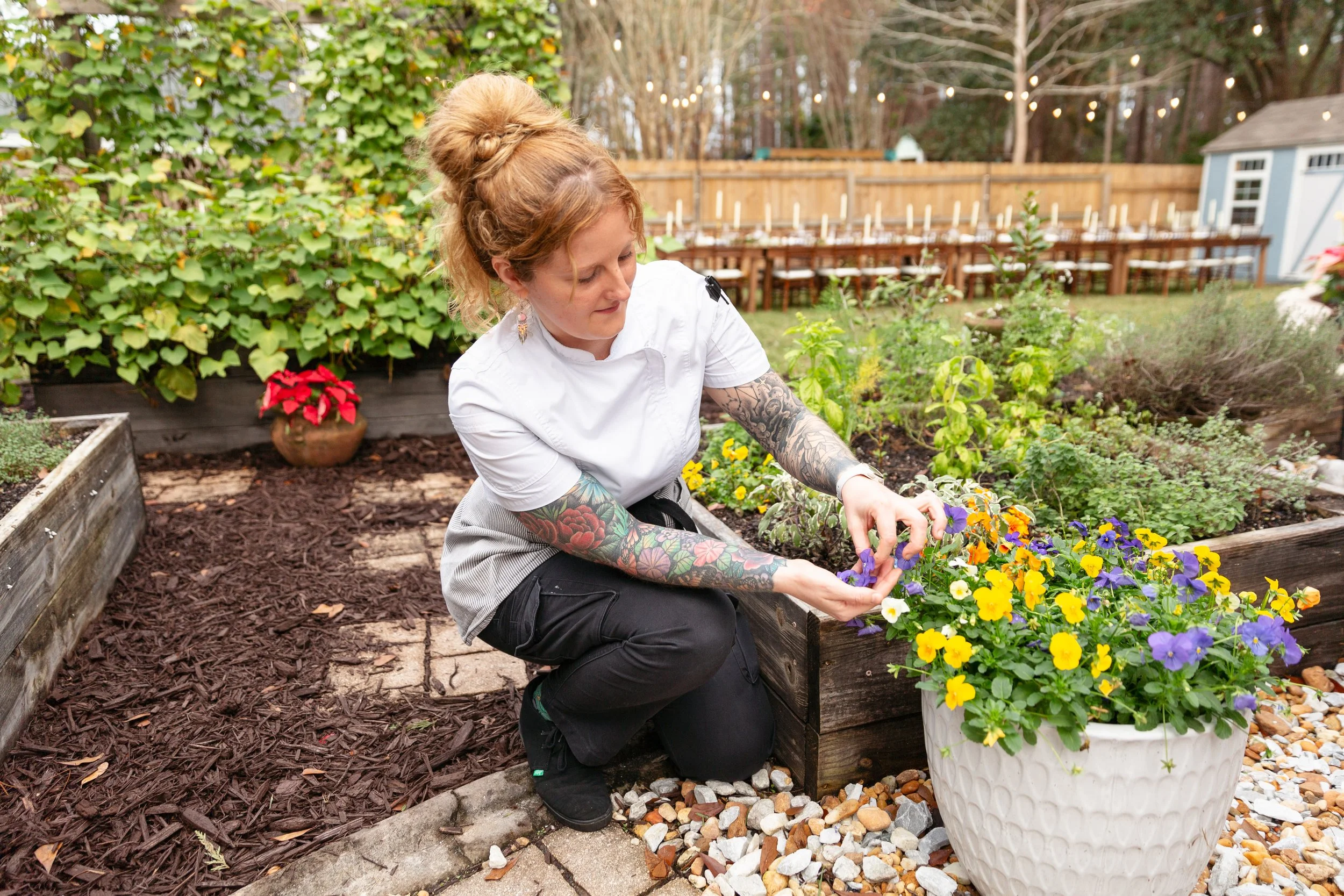 A female Chef Brie Murray is kneeling in a backyard garden, tending to yellow and purple flowers in a large garden bed. Uses the garden produce in her dishes at an intimate micro wedding in St Augustine.