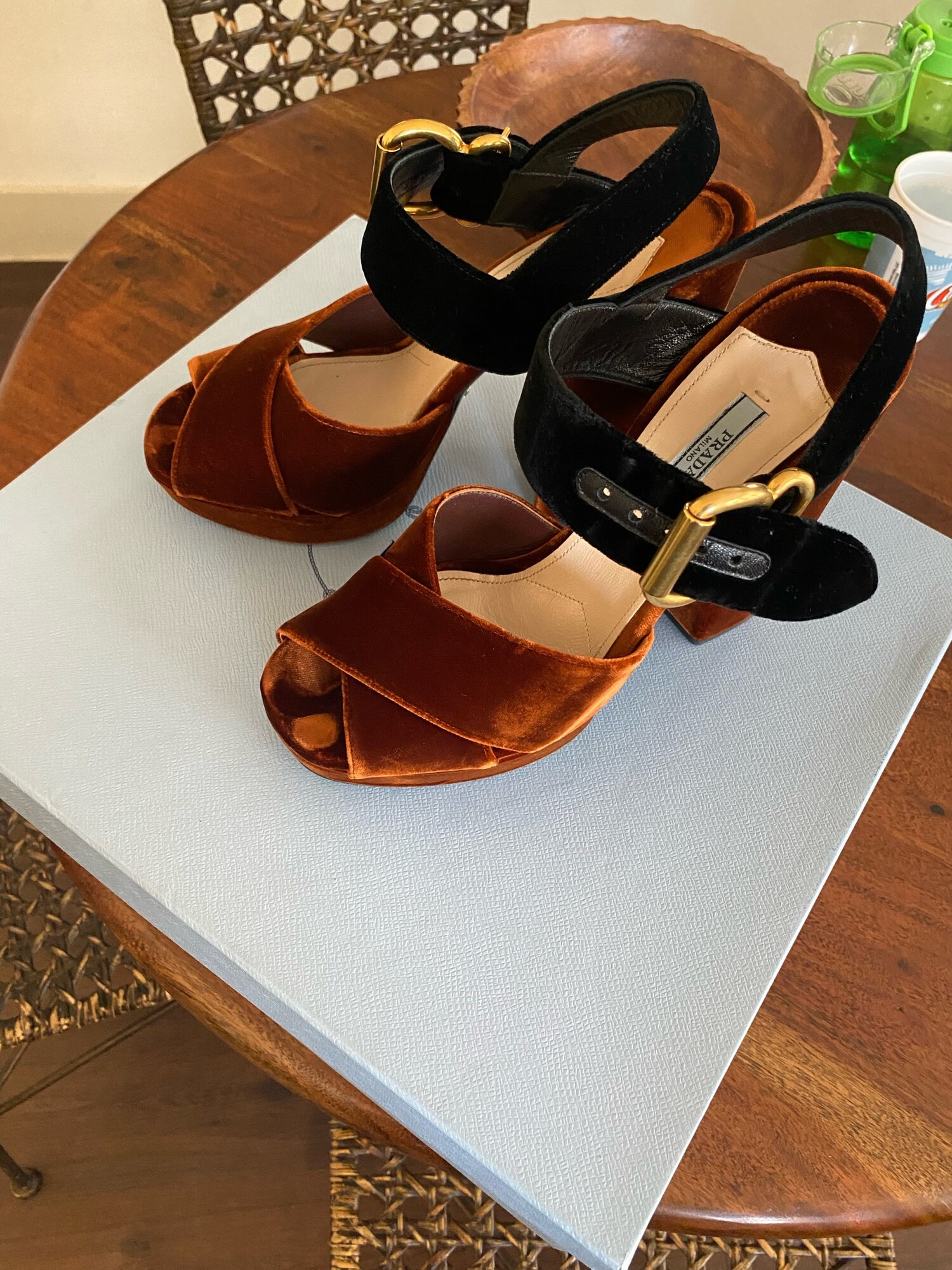 Prada Two Tone Velvet Platform Sandal — LOVEATFIRSTWEAR Prada Two Tone Velvet Platform Sandal — LOVEATFIRSTWEAR