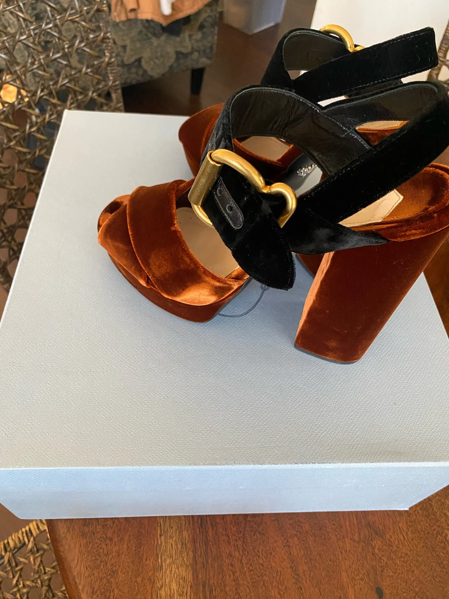 Prada Two Tone Velvet Platform Sandal — LOVEATFIRSTWEAR Prada Two Tone Velvet Platform Sandal — LOVEATFIRSTWEAR