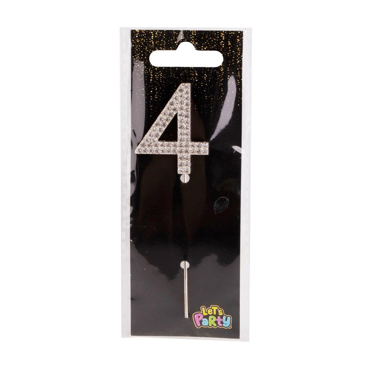 Let's Party #4 Rhinestone Numeral Cake Topper 4cmH, silver