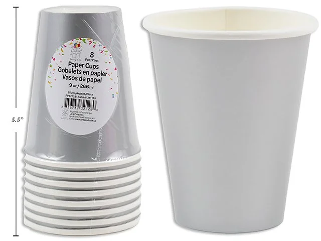 9oz Silver Paper Cups 8pc 270gsm glossy