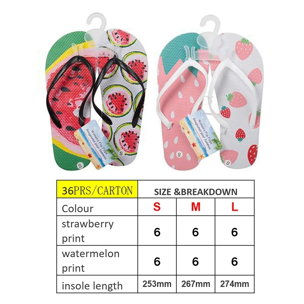 Ladie's Fruit Print Flip Flops, 3 Sizes, 2/s