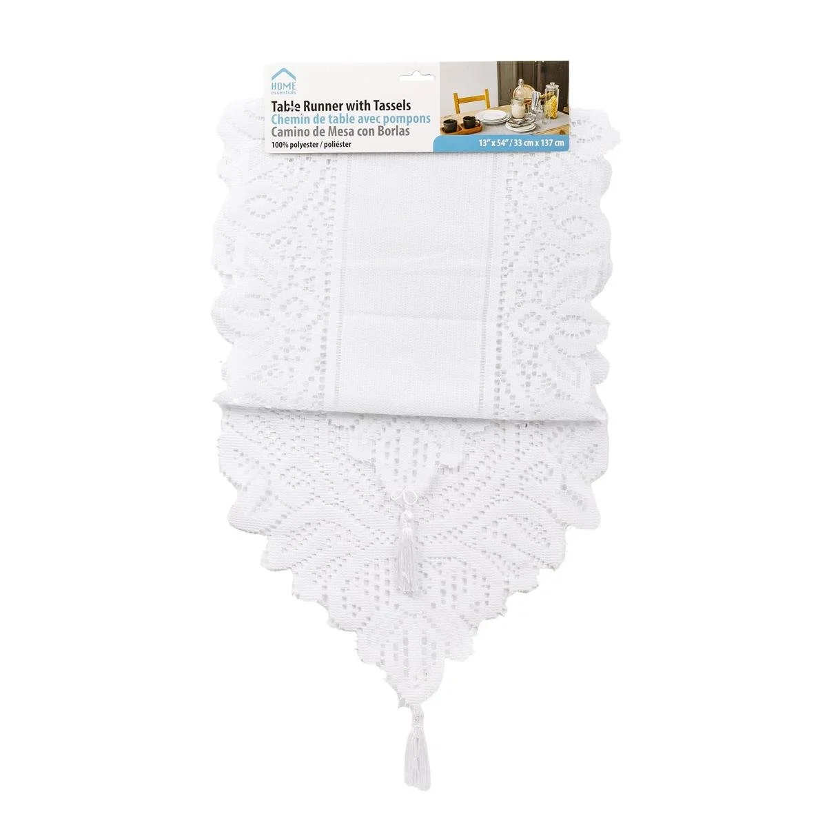 H.E. Table Runner w/Tassel, White, 13" x 54"
