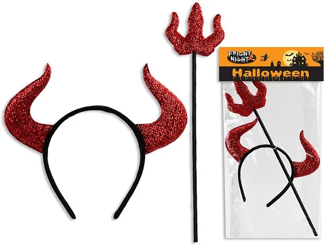 2pcs Hween Tinsel Devil Costume Set. Incl: 8.5in x 8in Headband / 15in Trident.