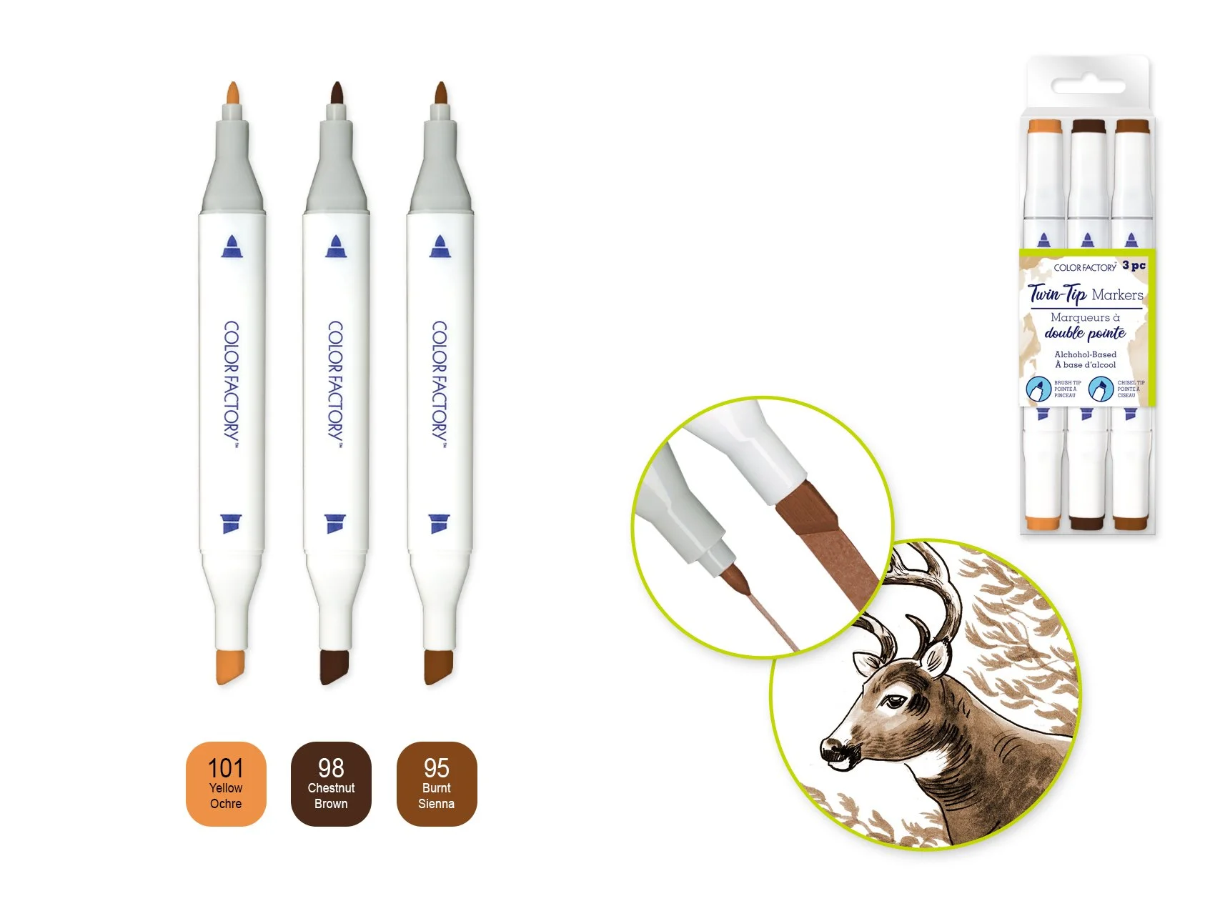 Color Factory: Alcohol Based Twin Markers Fine+Chisel Tips 3pk G) Earth
