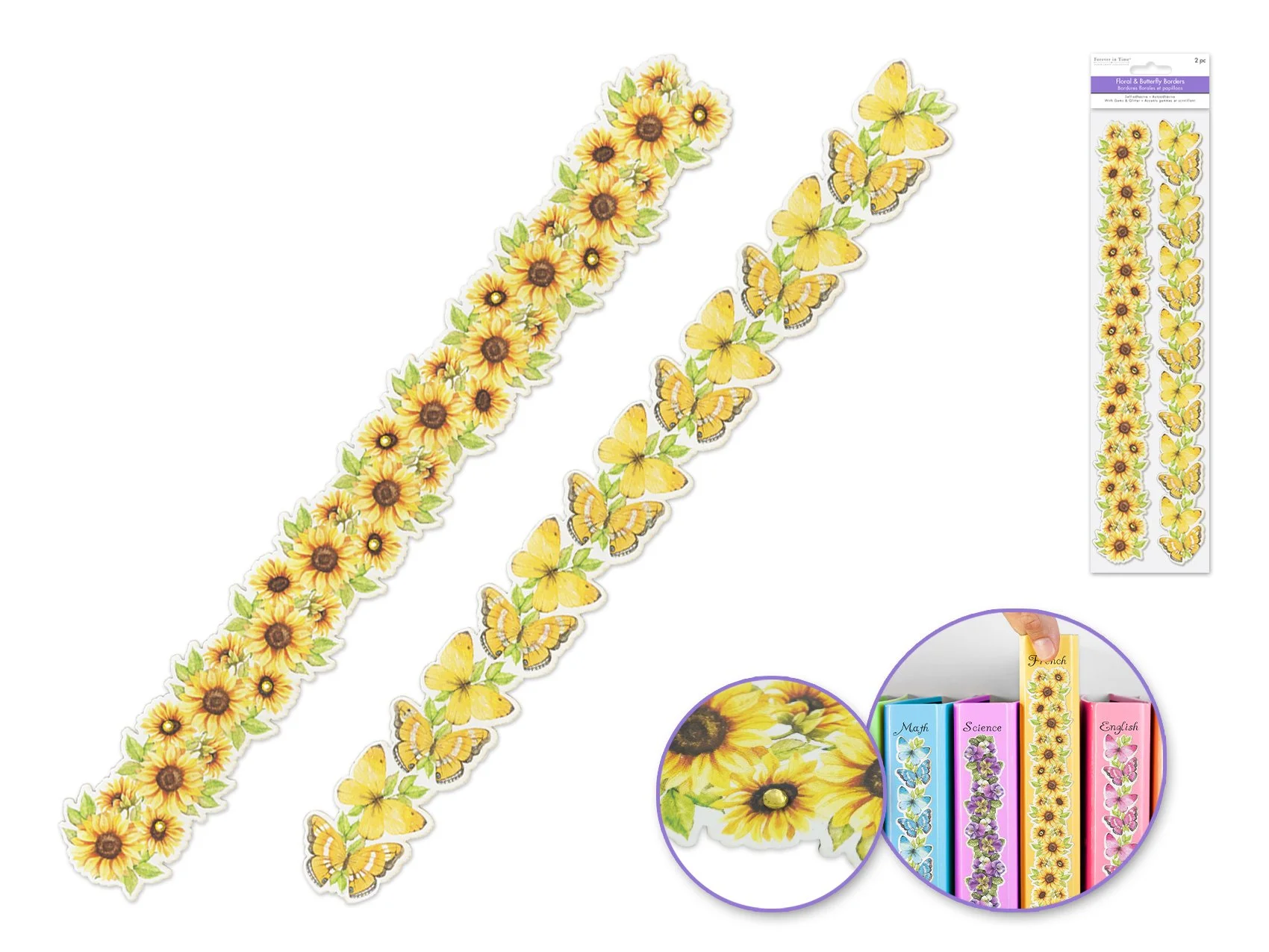 Paper Craft Sticker: 12" Floral+Bfly Borders x2 Paper w/Gems+Glitter B) Sunflower