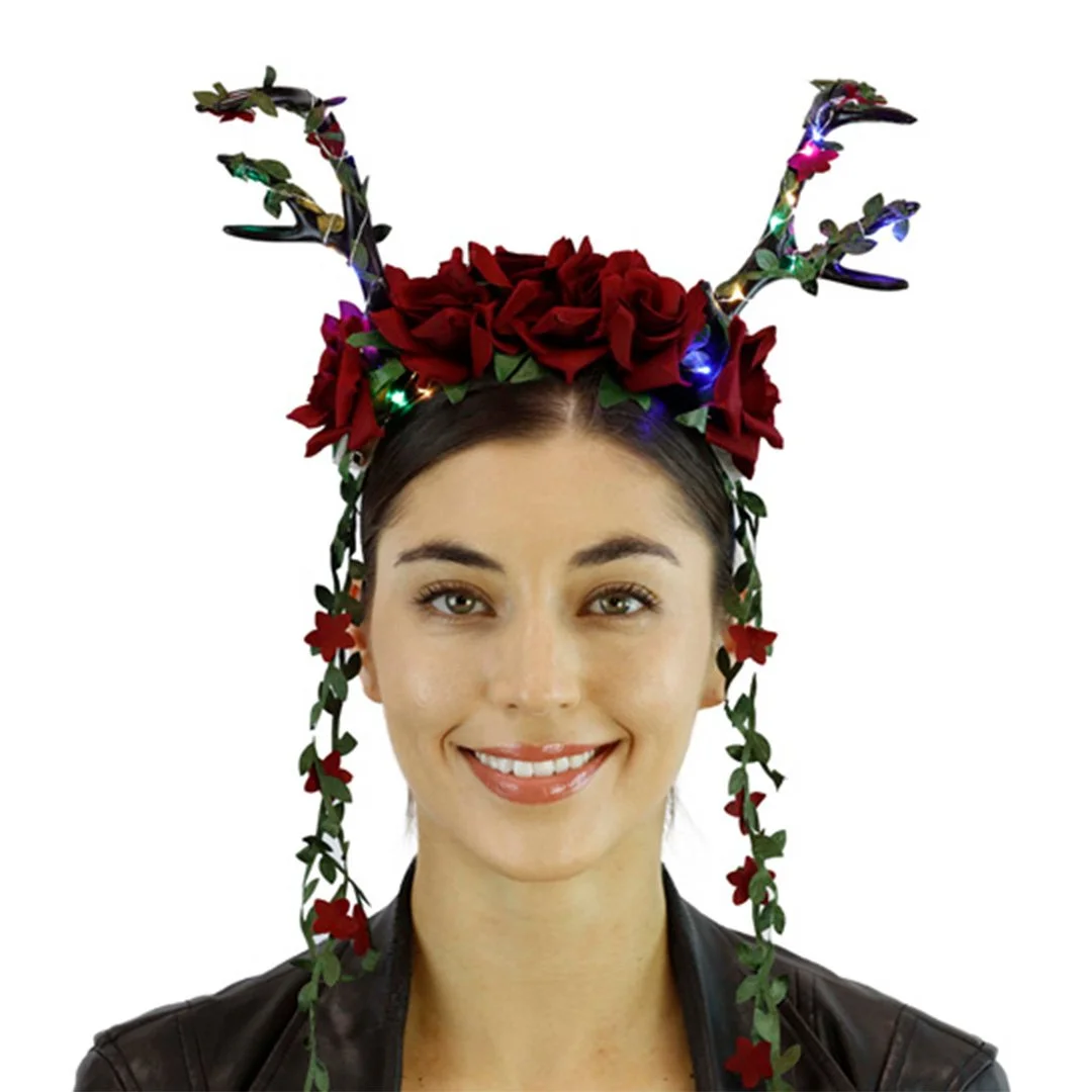 BLACK ANTLER HEADBAND with RED FLOWER