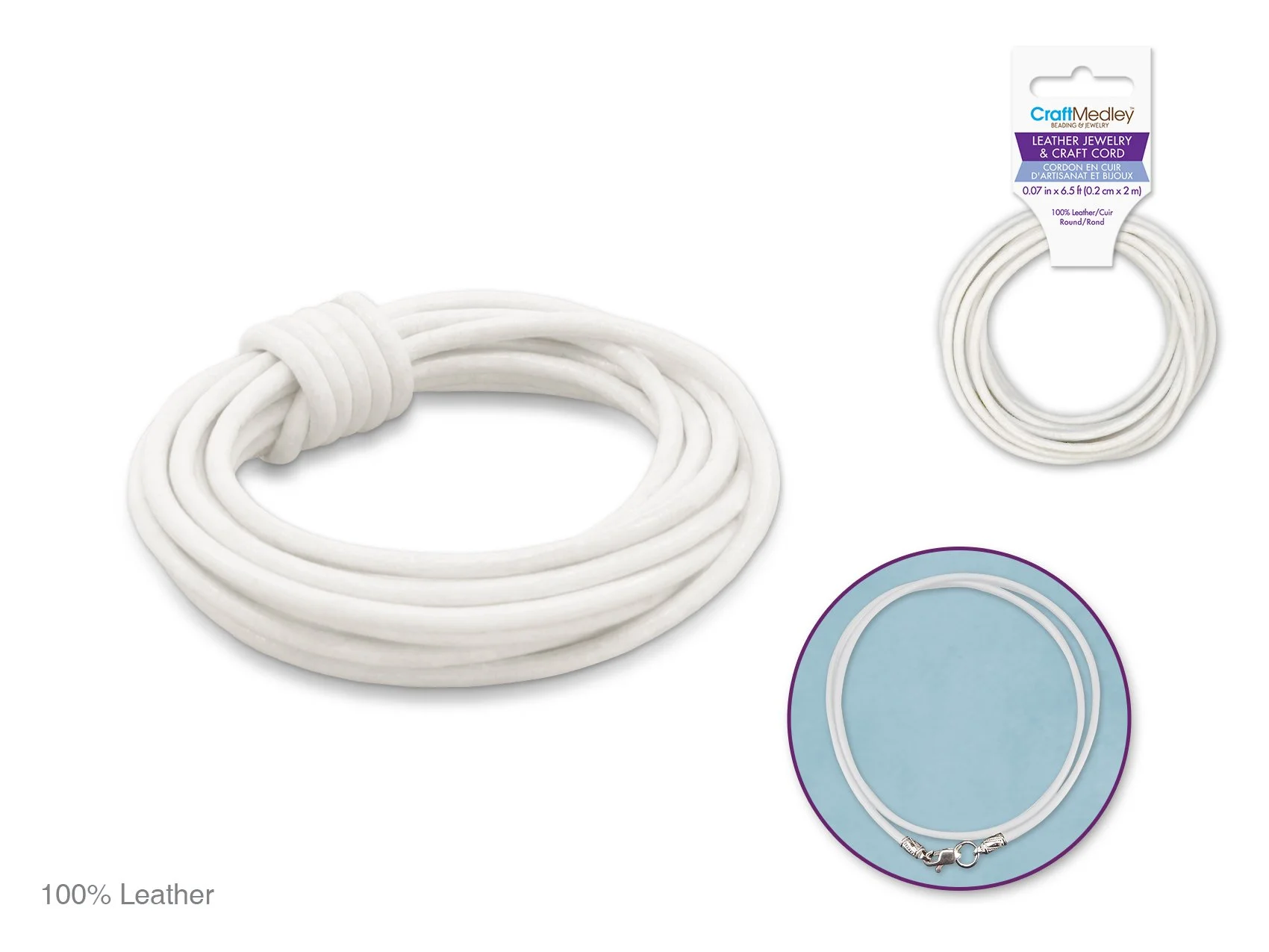 Jewelry/Craft Cord: 100% Leather 2mm Round 2m B) White