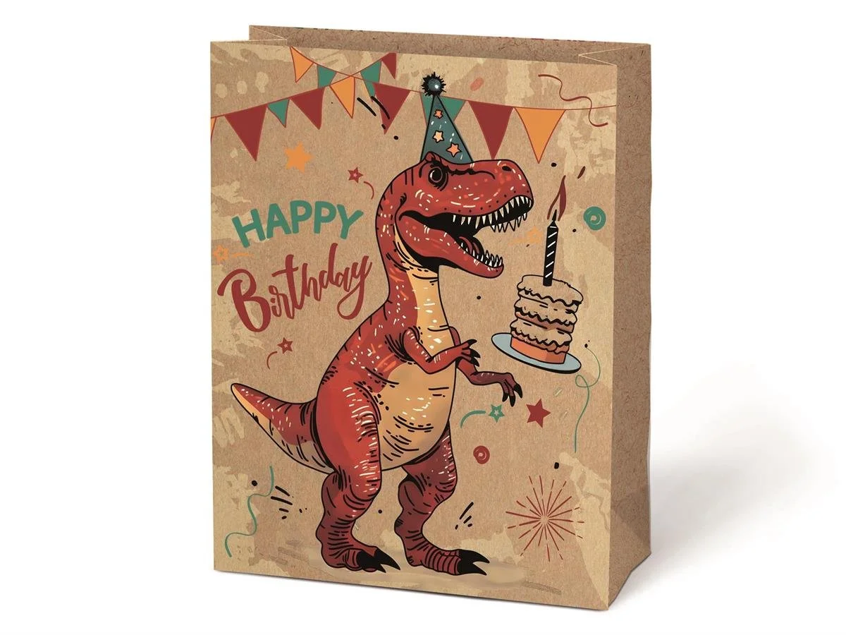 Paper T. Gift Bag, Large, Bday Dino, Kraft, 150GSM