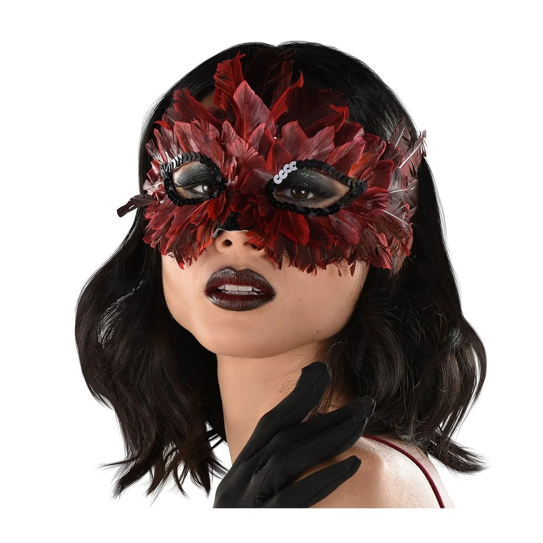 Black And Red Ombre Feather Mask