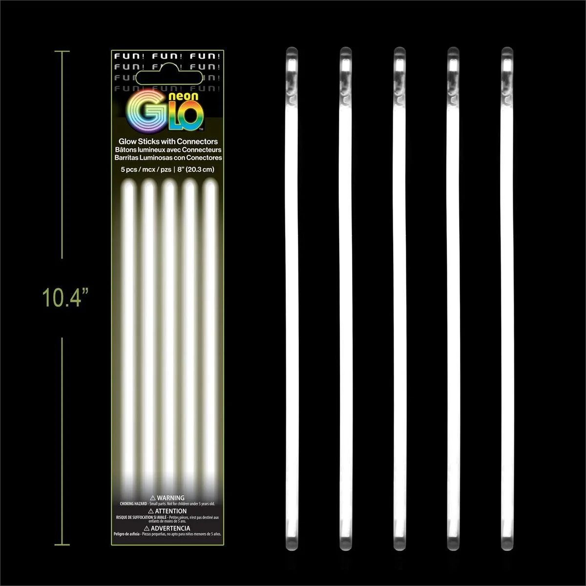 Neon Glo, White, 5 pack, 8" Glow Sticks with Connectors, Foil Pack