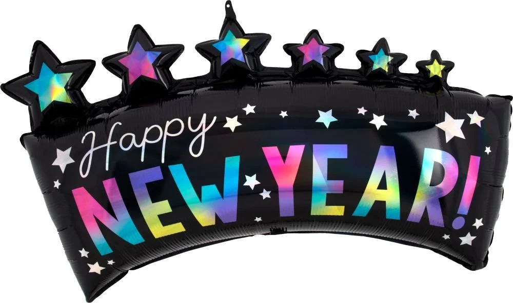 SuperShape Holographic Iridscent Happy New Year Star Banner Balloon