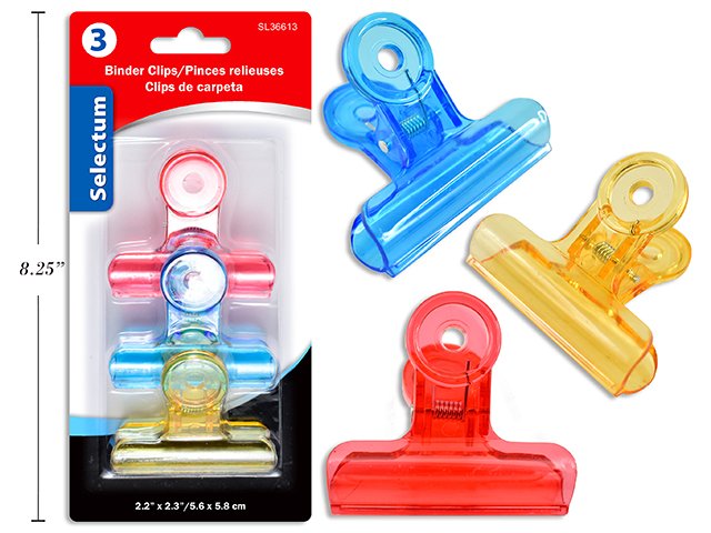 3 PC BRIGHT COLOUR PLASTIC BINDER CLIPS 58X60MM ( 2.2 X 2.3" )