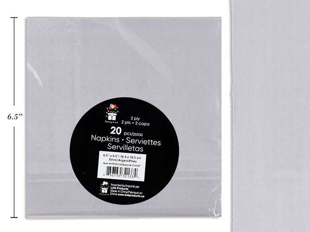 Silver Lunch Napkins 20/pk 2 Ply 6.5x6.5" 13x13" opened