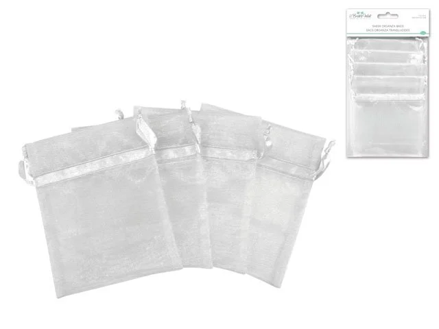 A Brides Wish: 4"x5" Organza Bags x4 Sheer w/Ribbon String B) Shimmering Silver