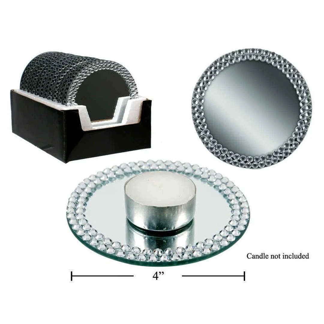 4"D Glass Mirror Candle Plate with Rhinestones