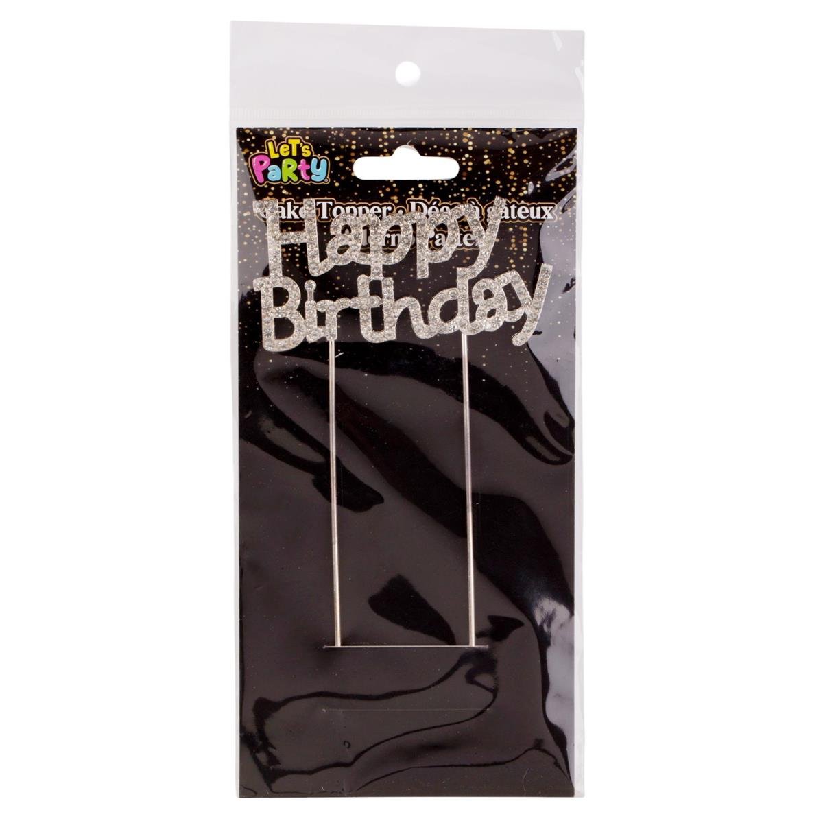 Let's Party Rhinestone Happy Bday Cake Topper 9cmH, silver