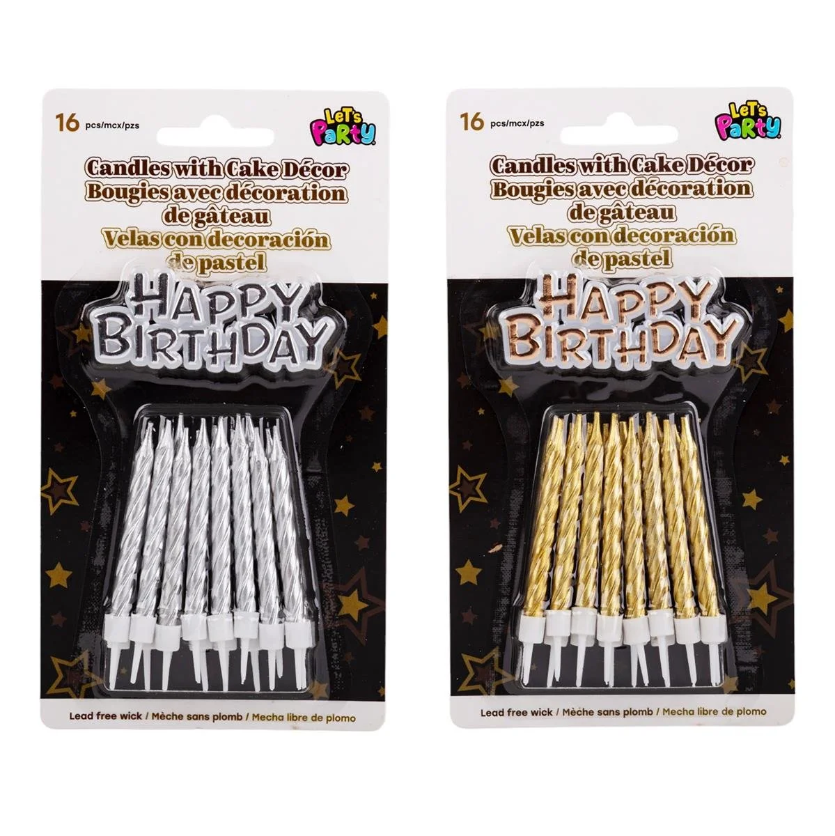 Let's Party, 16-PC Spiral Candle w/Cake Décor, 2 Asst. Metalic Cols