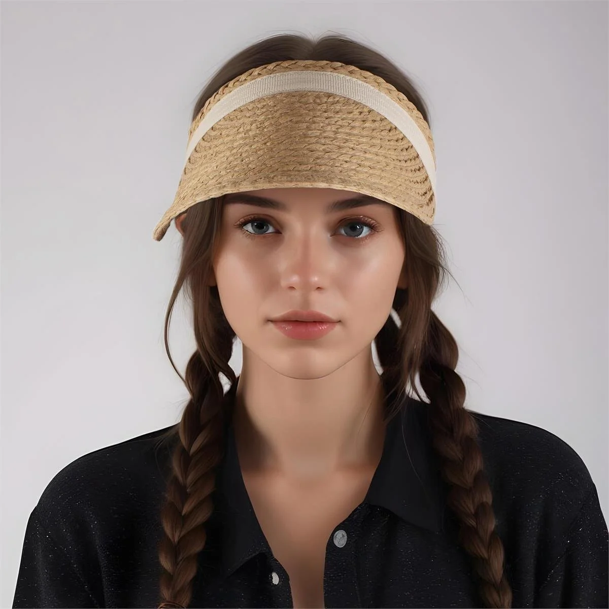 Ladies Paper Straw Visor Hat w/ Adjustable Strap, One Size