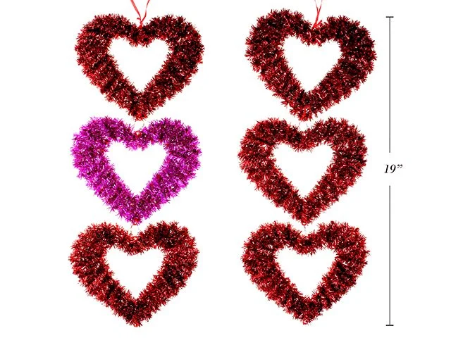 19in x 8in (W) 3-Section Tinsel Heart Plaque. 2 Asst. Red/ Red-Fuchsia-Red