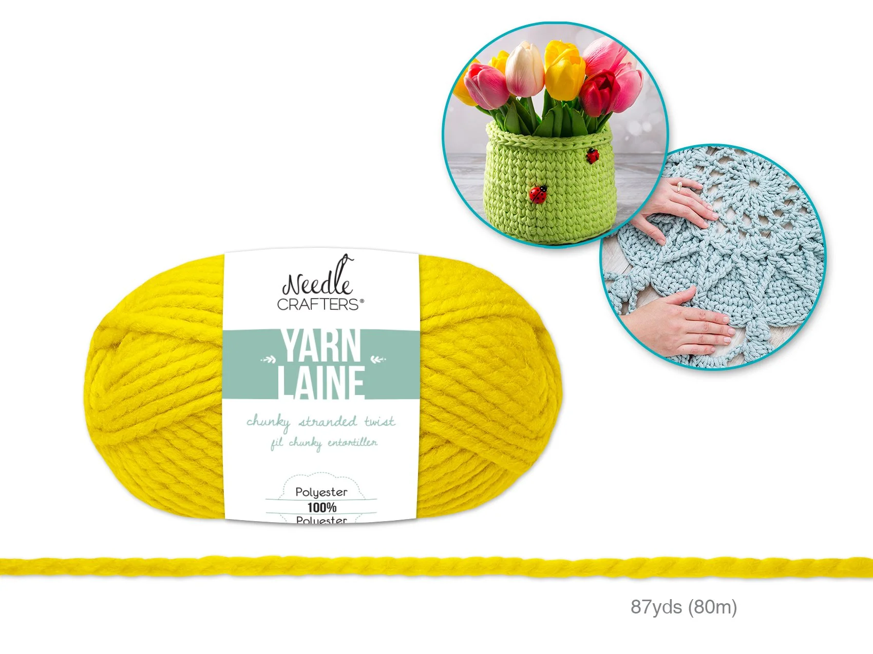 Needlecrafters: 100g Chunky Stranded Twist Poly Yarn H) Sunny Yellow
