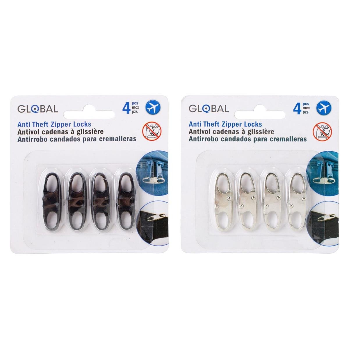 Global 4-pc Anti-Theft Zipper Clips, 2 Assorted Colours