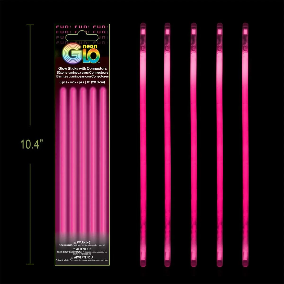 Neon Glo, Pink, 5 pack, 8" Glow Sticks with Connectors, Foil Pack