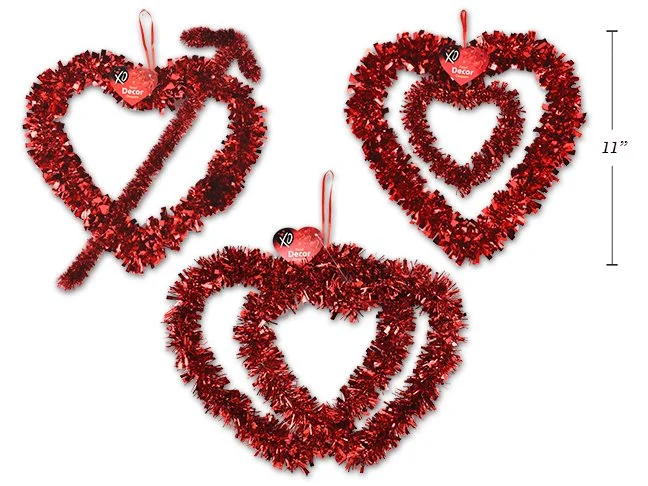 Vtine Tinsel Heart Wreath Hanging Decorations. 3 Asst. Styles