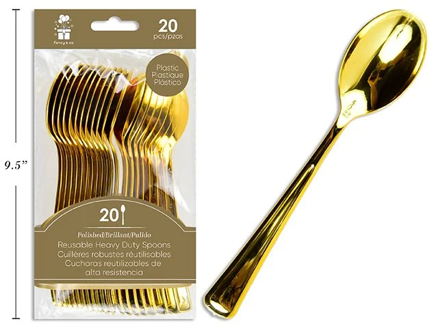 Premium Polished Plastic Gold Spoons 20/pk  Heavy Duty-Reuseable-7" L