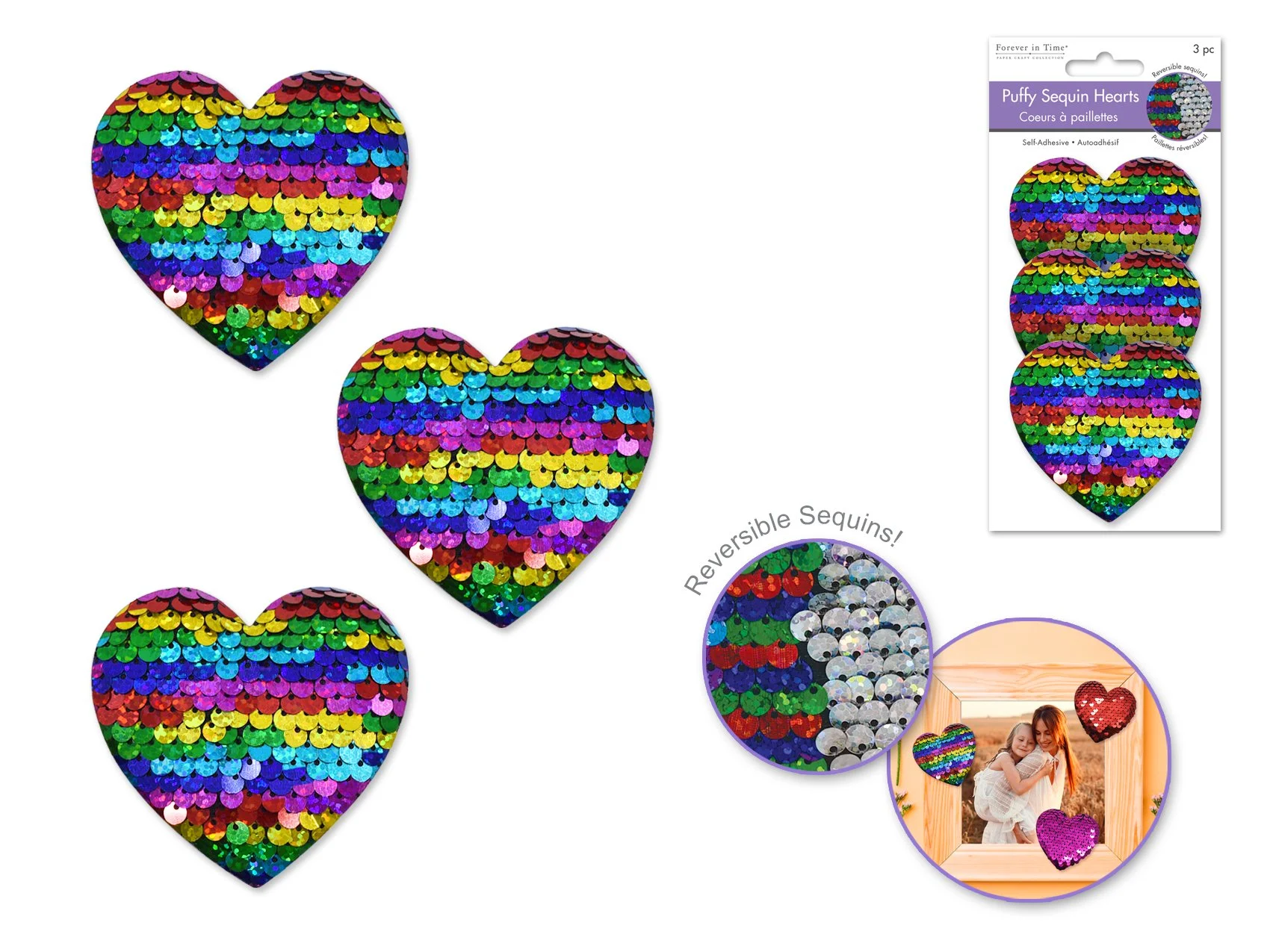Paper Craft Emb: 2.4" Puffy Sequin Reversible Heart 3D Sticker 3pc B) Rainbow