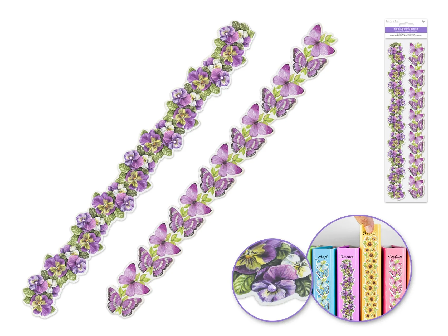 Paper Craft Sticker: 12" Floral+Bfly Borders x2 Paper w/Gems+Glitter A) Purple Pansy