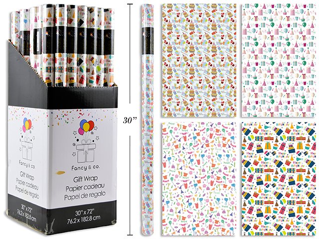 30in x 72in Happy Birthday Single Roll Wrap/Dsp. 4 -5 Assorted designs