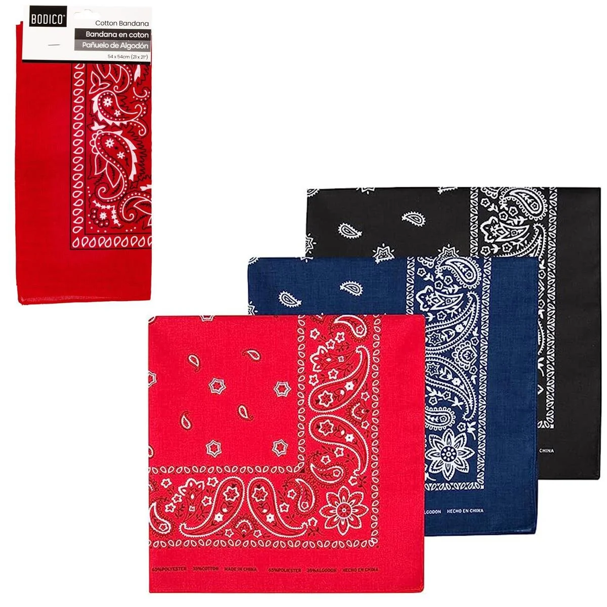 Bodico, Cotton Bandana 54x54cm Paisley, 3-asst col