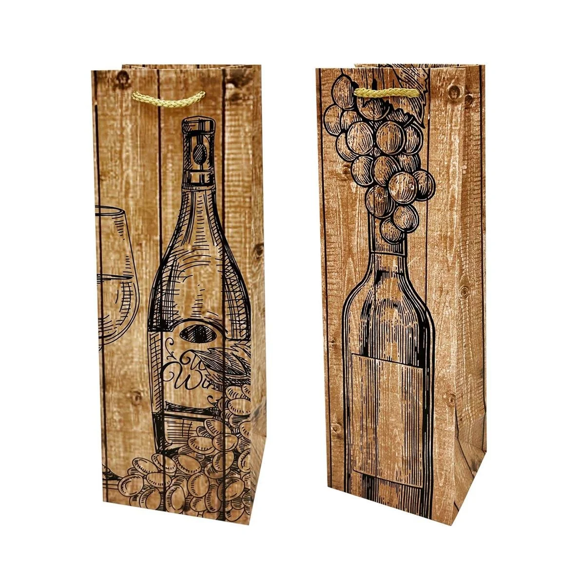 Paper T. Gift Bag, Bottle, 2Asst Woodgrain/Black, 210GSM