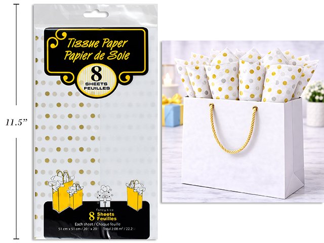 Tissue Paper 20x20" 8 shts Plain White& Gold Polka Dots ( 4 sheets each )