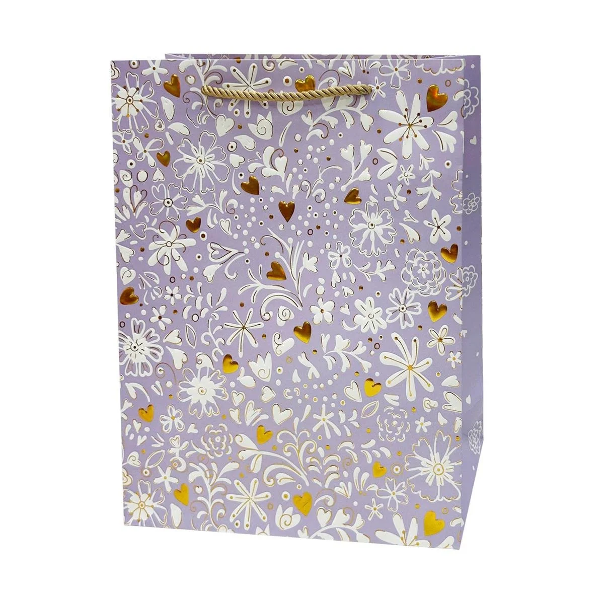 Paper T. Gift Bag, Large, Purple Floral/Hearts, Emboss+HS, 210gsm