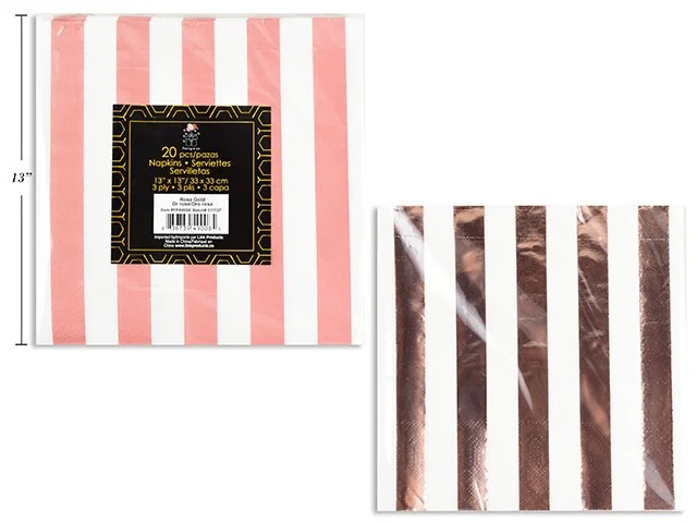Rose Gold Foil Striped Napkins 20/pk 6.5x6.5" 3ply Luxury (13x13" opened )