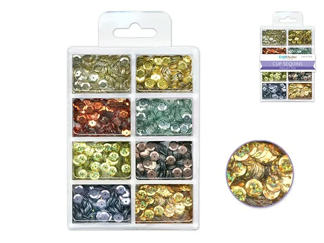 Craft Medley: 6mm Cup Sequins 25g Plastic Case 8-comp J) Dazzling Metallics