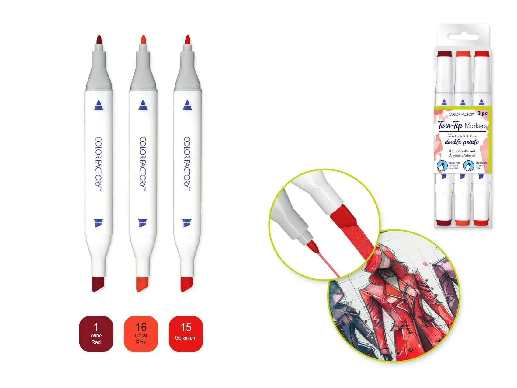 Color Factory: Alcohol Based Twin Markers Fine+Chisel Tips 3pk B) Rose