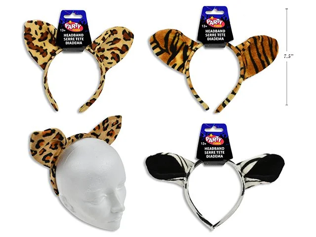 Animal Plush Headband. 3 Asst.: Tiger / Cheetah / Zebra