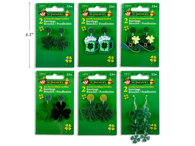 2pk St. Pat's Acrylic Earrings. 6 Asst. Styles