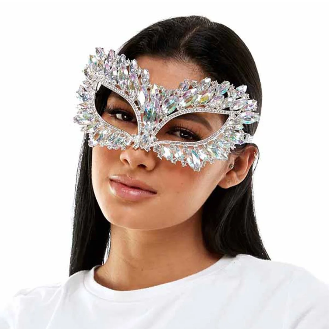 RHINESTONE AB SILVER HALF MASK
