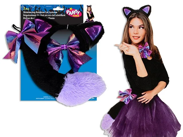 3pcs Shimmering Rainbow Cat Costume Set Incl: Headband / Bowtie / Tail