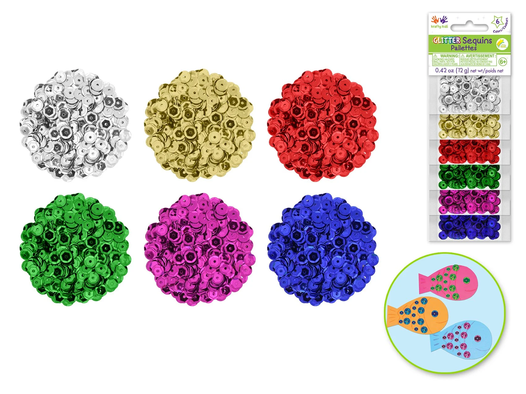 Krafty Kids: 12g Glitter Sequins (6ea x 2g) A) 6mm Cup Primary