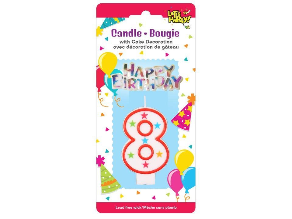 Let's Party #8 Birthday Candle set 8cmH, 6.5x3cm sign
