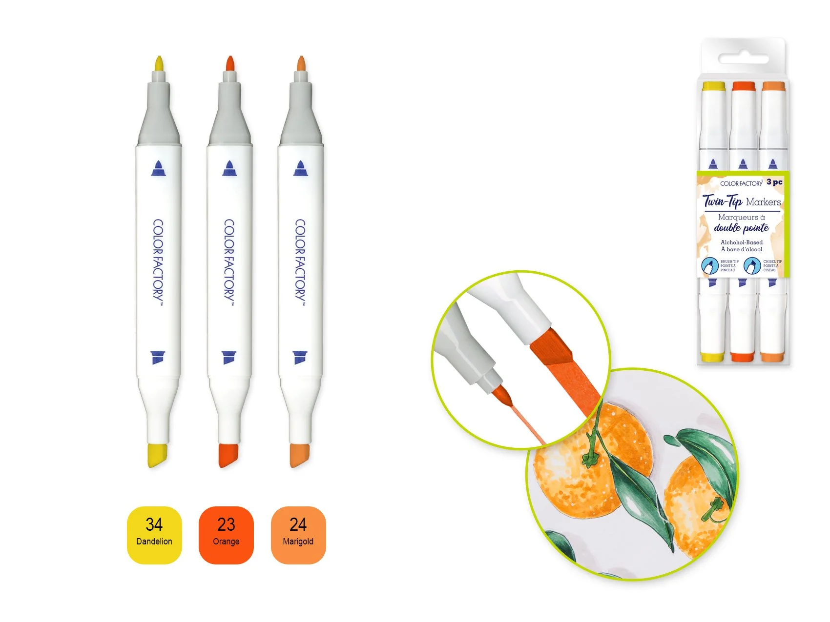 Color Factory: Alcohol Based Twin Markers Fine+Chisel Tips 3pk F) Tangerine