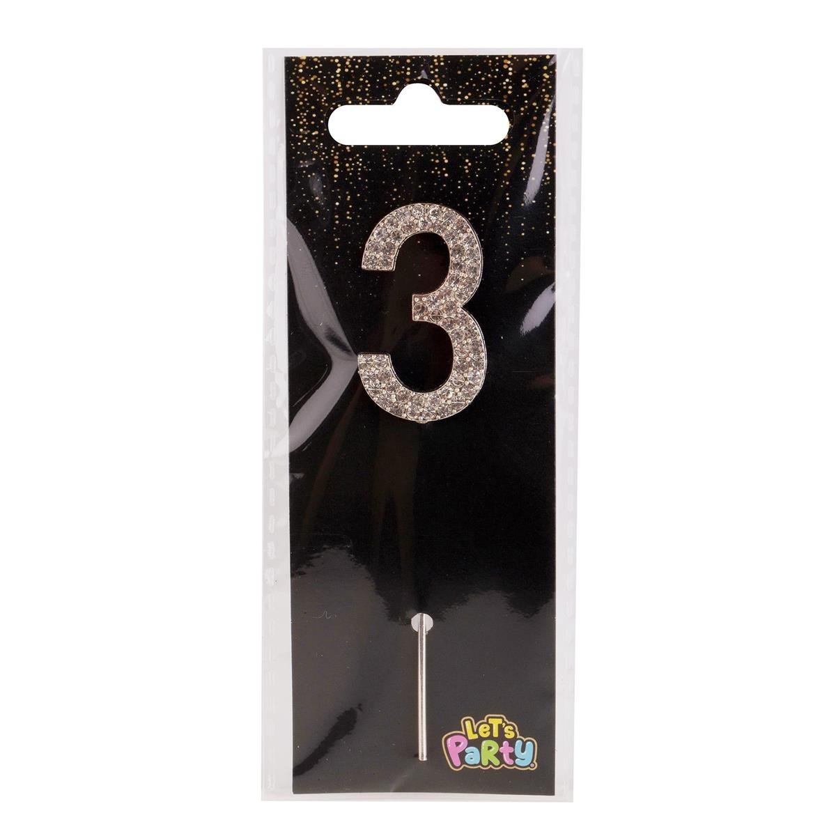 Let's Party #3 Rhinestone Numeral Cake Topper 4cmH, silver