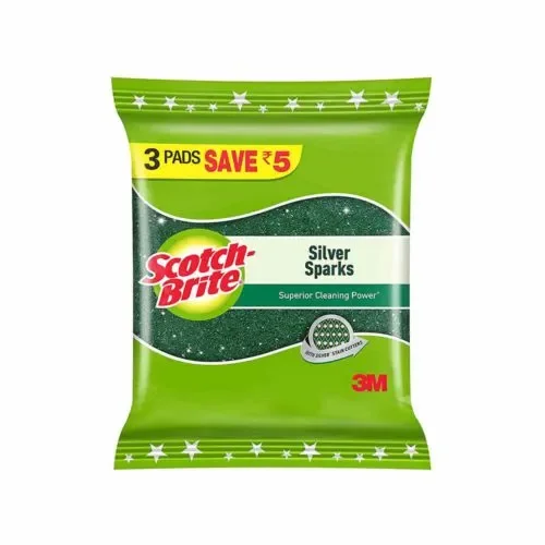 SCOTCH BRITE SILVER SPARKS SCOURING SUPERIOR CLEANING POWER PADS - 3 PACKS - 7cm x 7.5cm