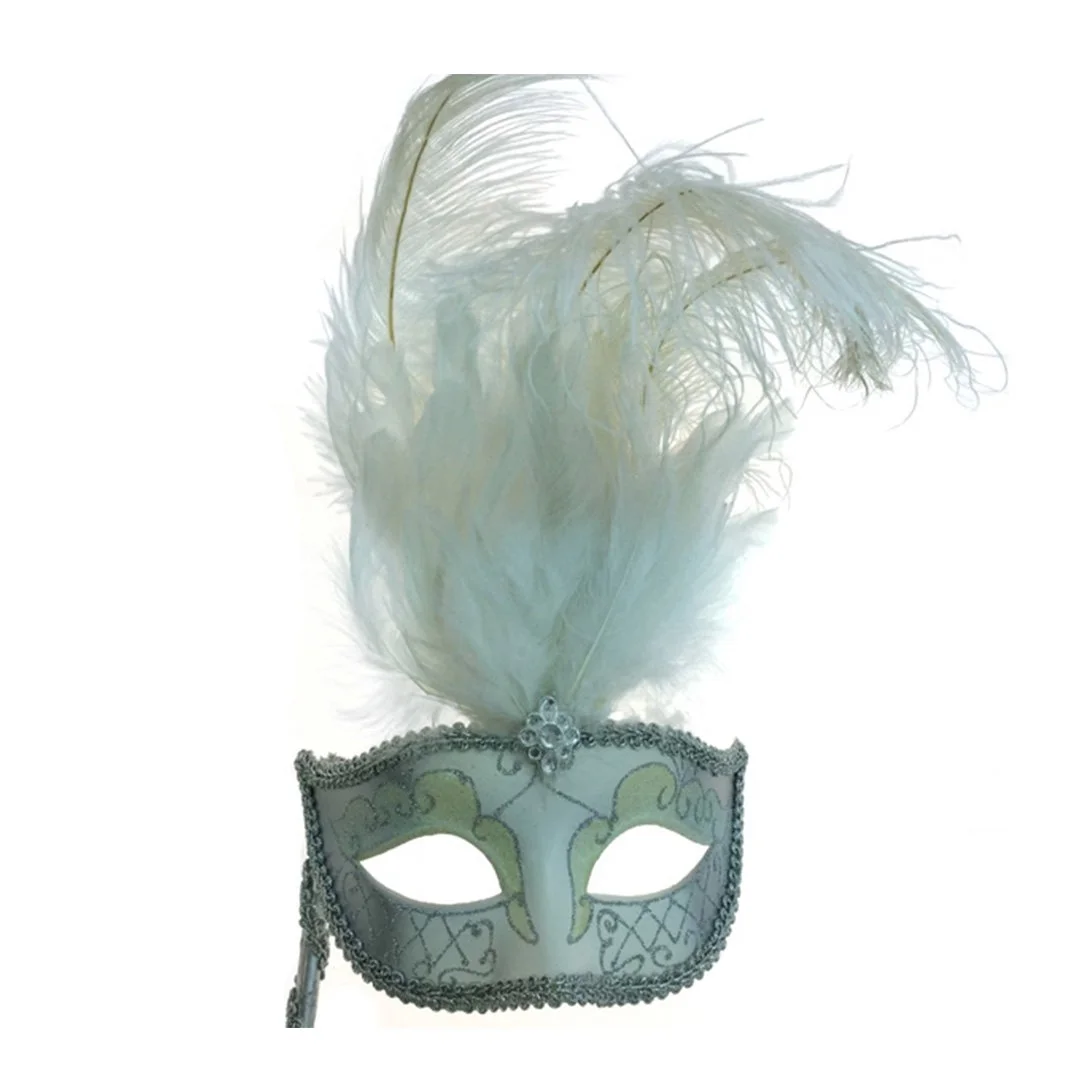 VENETIAN MASK FEATHR W/STICK WHITE/SILVR