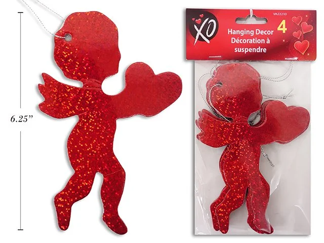 4pk 6.25in Holographic Hanging Cupid w/ Heart Ornaments